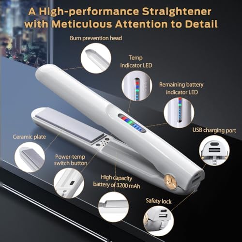 Cordless Hair Straightener and Curler 2 in 1 Ceramic Flat Iron Mini Cordless Portable Travel Hot Tools Straight Curl for Women Men USB Rechargeable with Pouch (White) - Image 7
