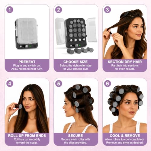DAN Technology Hot Rollers for Long, Medium and Short Hair, 20-Piece Heated Electric Rollers with Clips, 3 Sizes for Curls and Hair Volume, Ionic Conditioning, 2 Heat Settings, 120V - Image 7