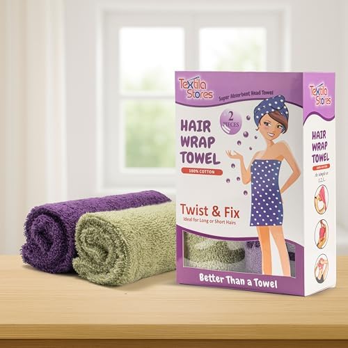 Textila 100% Cotton Hair Wrap Towels for Women (Pack of 2, Plum & Green) – Soft & Absorbent Turban Towels for Long, Curly, Frizz-Prone Hair - Image 2