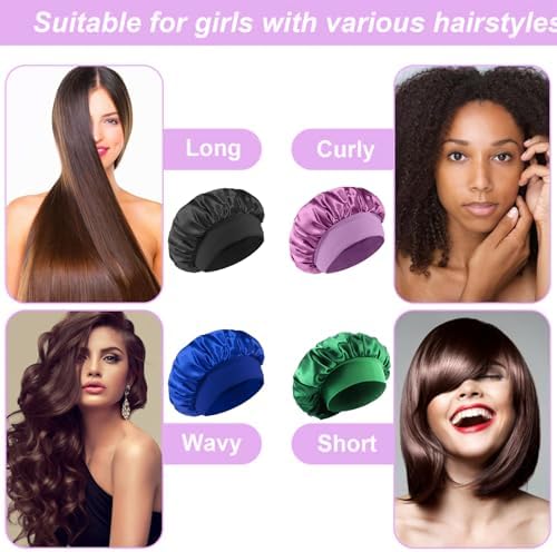 4Pcs Silk Satin Bonnets for Sleeping - Elastic Wide Band Wrap for Black Women Men,Silk Bonnets for Curly Hair,Large Hair Cap for Sleeping (Black+Purple+Blue+Green) - Image 3