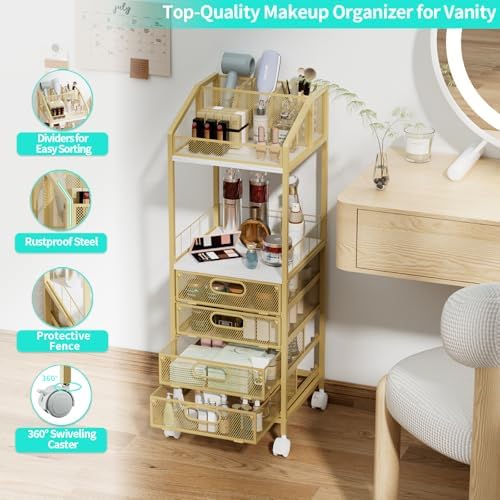 HapiRm Makeup Organizer Storage Cart - Floor Skincare Make Up Storage with 4 Drawers, Rolling Makeup Cart Vanity Organizer Cosmetics Display Cases Holder for Skin Care Perfume Nail Polish, Gold - Image 5