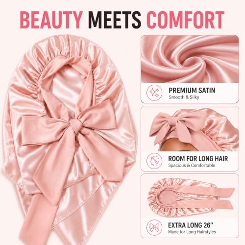 2Pcs Long Hair Bonnet for Sleeping, Satin Braid Bonnet for Women - Image 2
