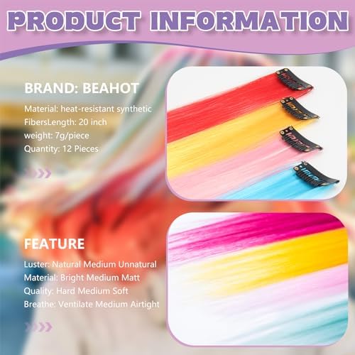 BEAHOT 12 PCS Clip in Colored Hair Extensions, 20 Inches Rainbow Hairpieces - Image 3