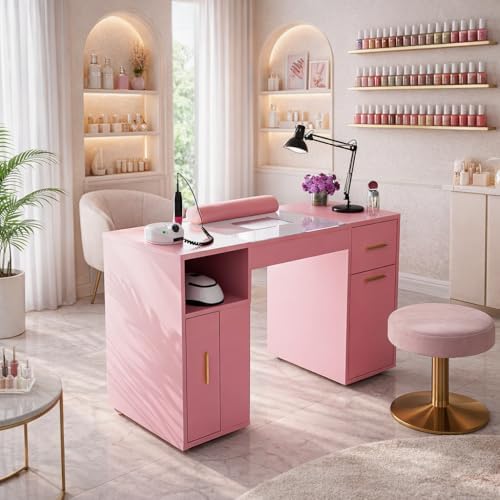 Manicure Table with Dust Collector, Glass Top and Wheels (Pink) - Image 2