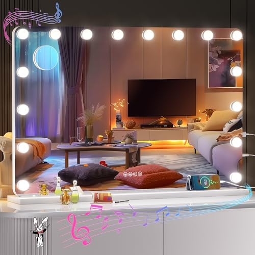 ouboyo 36''X23.9'' Hollywood Vanity Mirror with Lights, with Bluetooth Speaker, 3 Color Lighting Modes & Stepless Dimming, USB & Type-C Charging Port, 5X Magnification by OUYOBOLedMirrorforLife