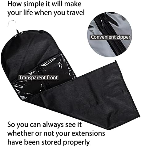 1 Pack Extra Long Hair Extension Holder Wig Storage Bag with Hanger Hairpieces Ponytail Bundles Storage Carrier Case for Store Style Hair Travel Hair Extensions Bag Black Color - Image 5