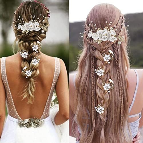 5 PCS Bridal Flower Wedding Hair Pins Crystal Pearl Hair Clips Headpiece Gold Wedding Hair Accessories Jewelry with Rhinestone for Brides Bridesmaids Women Girls Updo (Pure White Flower) - Image 5
