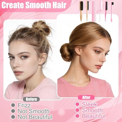 6 Pcs Boar Bristle Slick Back Hair Brush with Pink Edge Brush, Rat Tail Comb and Wide Tooth Comb for Women Men - Image 6