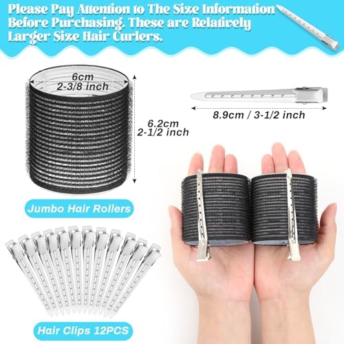 Jumbo Hair Curlers Rollers, 12Pcs Hair Roller Curlers Self Grip Holding Rollers with12 Stainless Steel Duckbill Clips for Long Hair Volume (Black) - Image 2