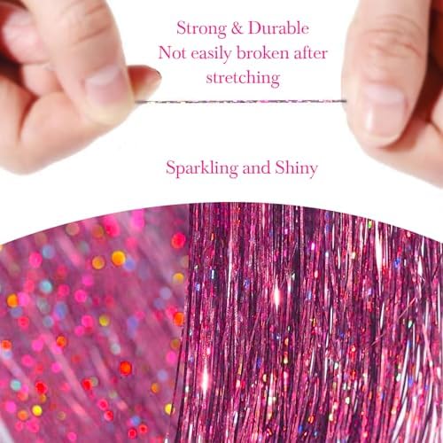 Hair Tinsel 8 Packs 1600 Strands 50 Inch Tinsel Hair Extensions Rose Red Heat Resistant Glitter Sparkling Shinny Fairy Hair Accessories for Women(Rose Red, 50Inch) - Image 3