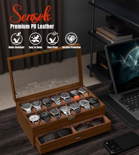 Watch Case Box for Men - Ultra-thin Frame Wide Display 14 Slots 2-Layer Wooden Grain Watch Sunglass Storage Organizer, Real Glass Lid Display Case Gift for Dad Husband - Image 2