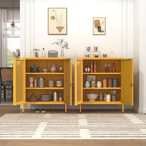 33" Metal Storage Cabinet with 2 Tier Removable Shelves Yellow Lockable Metal Bathroom Vanity Freestanding Sideboard with Mesh Doors for Home Living Room Bedroom Size：33" H X 29.5" W X 13.8" D - Image 5