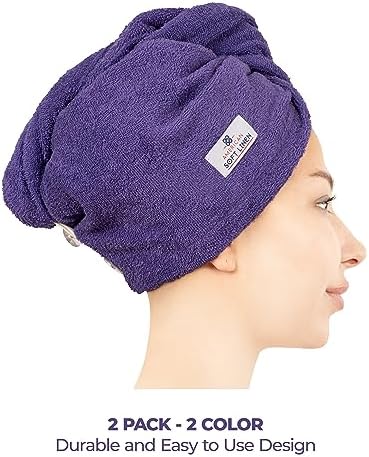 American Soft Linen 100% Cotton Hair Towels for Women, Head Towel Cap, Cotton Hair Turban Towel Wrap for Long Curly Anti Frizz Hair, Soft and Absorbent Cotton Hair Towels 2 Pack, Purple-Black - Image 3