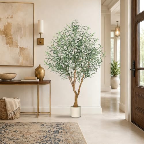 Olive Trees Artificial Indoor, 6FT Faux Olive Tree with White Tall Planter, Full Lush Artificial Plants with Large Olive Branches and Lifelike Fruits for Home Office Decor - Image 5