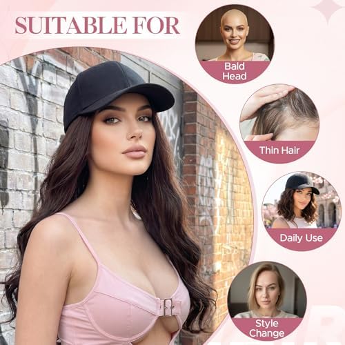 SEGO Baseball Cap with Hair Extensions for Women Heat Resistant Synthetic 16" Adjustable Long Wavy Hairpiece Replacement Wigs in Black Hat for Girls 4A Black Brown - Image 4