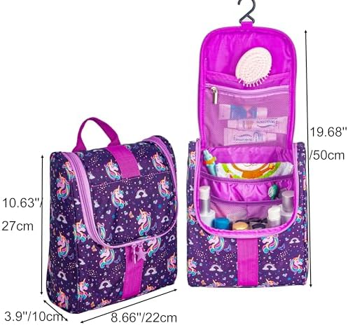Remobia Hicol Cute Cartoon Hanging Kids Toiletry Bag Children Travel Cosmetic Makeup Organizer Wash Bag Shower bag Over Night Bag Camping Shaving Kit Bag for Boys & Girls(Unicorn) - Image 2