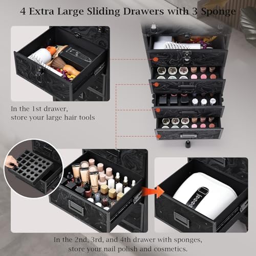 Stagiant Rolling Makeup Case with Drawers Cosmetology Case on Wheels 5 IN 1 Makeup Case 4 Drawers with Foot Stand Spring-release Mechanism Rolling Make Up Organizer for Artist Salon Nail Teach Trunk - Image 6