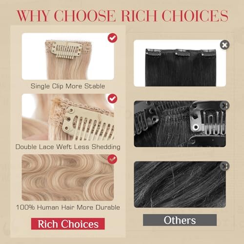 Rich Choices Short Clip In Hair Extensions Real Human Hair-Wave/Curly 6 Pcs Single Clip Hairs Extensions For Women-Mini Clips Hairpieces-12 Inch #22BP613 Champagne Blonde Balayage - Image 4