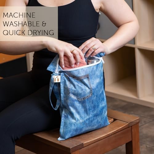 Bumkins Roamio Waterproof Wet Bag for Baby, Travel, Swim Suit, Cloth Diapers, Pump Parts, Pool, Beach, Gym Clothes, Toiletry, Hook to Stroller, Daycare, Zipper Wetdry Packing Pouch, Faux Pocket Denim - Image 4