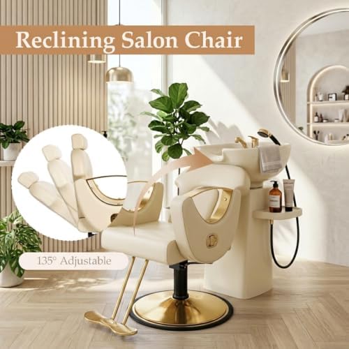 Beige Reclining Salon Barber Chair for Hair Stylist, Professional Hair Stylist Chairs with Heavy Duty Hydraulic Pump, All Purpose Styling Hairdresser Braiding Shampoo Chair for Spa Home Euipment - Image 3