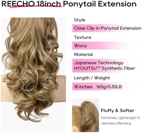 REECHO Ponytail Extension, 18" Clip in Ponytail Hair Extensions for Women, Short Wavy Synthetic Pony Tail Hairpiece for Daily Wear Cheer Dance,Medium Blonde with Blonde Highlights - Image 2