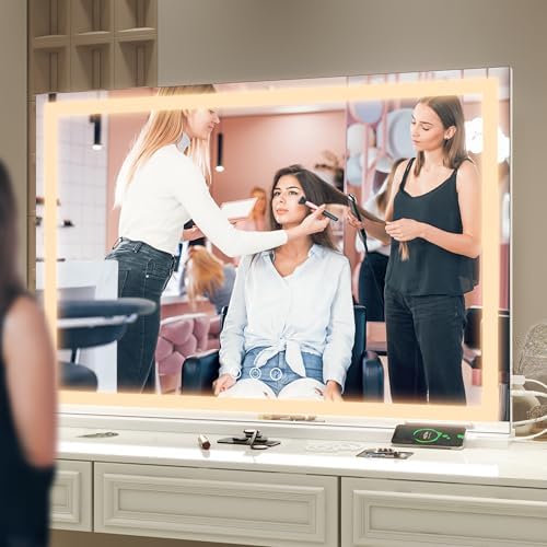 FENNIO Large Vanity Mirror with Lights，35.5" x 27" LED Makeup Mirror，Hollywood Mirror with 3 Color Modes & Adjustable Brightness，Vanity Mirror Square White - Image 7