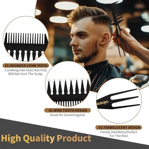Wide Tooth Comb Set for Men - 4 Pcs Professional Barber Combs with Anti-Static Design, Reduce Hair Pulling for Curly Thick Hair, Textured ABS Black Combs for Travel Salon Home Grooming - Image 4