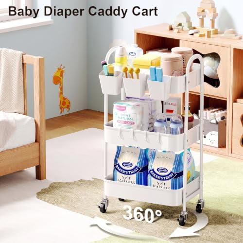 3 Tier Heavy Duty White Metal Rolling Cart with Lockable Wheels, Baby Carts - Image 2