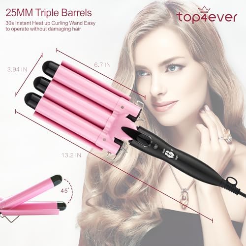 TOP4EVER 3 Barrel Curling Iron, 1 inch Crimper Hair Tool,Crimping Waver for Women Beach Waves with Two Temperature Settings, Pink (Pack of 2) - Image 2