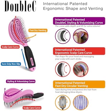 NuWay® DoubleC® Scalp Care Hair Brush – Patented Double Curve Design for Scalp Massage, Vented Blow-Dry Styling, Wet & Dry Hair, All Hair Types (Rose Pink) - Image 2