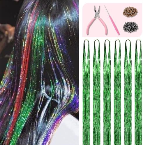 Green Hair Tinsel Kit 48 Inches 1200 Strands with Tools and Instruction Easy to Install Fairy Glitter Tinsel Hair Extensions for Women and Girls，Shinny Sparkling Braiding Hair Accessories by Fiwecos