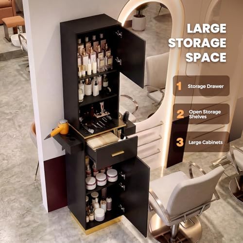 Tall Hair Salon Station for Hair Stylist with Storage (Black) - Image 5
