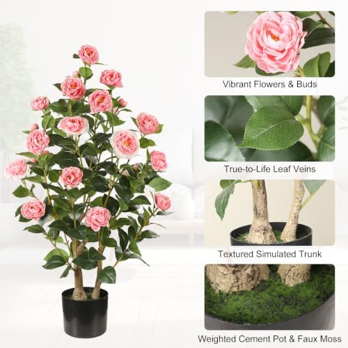 Artificial Camellia Tree, 3FT, Pink Flowers, 2 Pack - Image 3