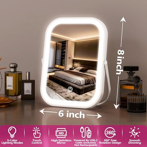 PRIMETEK Travel Makeup Mirror with Lights, Portable Small Beauty LED Vanity Mirror with Lights, 1200mAh Battery, Dimmable Touch Screen, Tabletop Folding Compact Mirror,Women Gift - Image 3