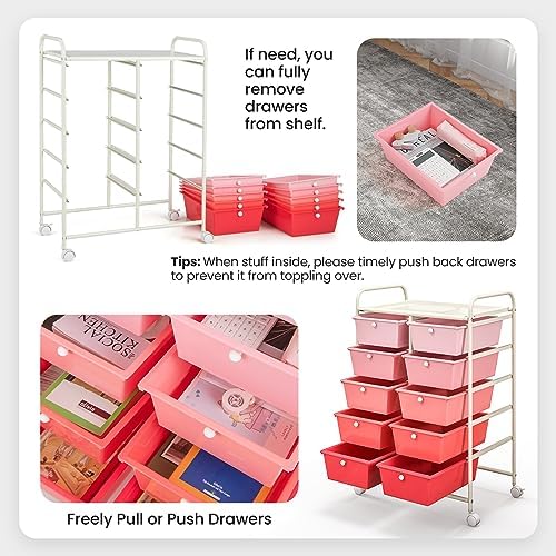 Giantex 10 Drawers Rolling Cart, Classroom Organizers, Storage Cart with Wheels, for Teacher Office Home School Supplies Tool Craft Art Paper, Pink Gradient - Image 5