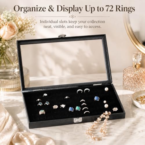 Huji Glass Top Ring Display Showcase With Velvet Insert Liner Jewelry Organizer (1, 72 Slot Case) - Image 2