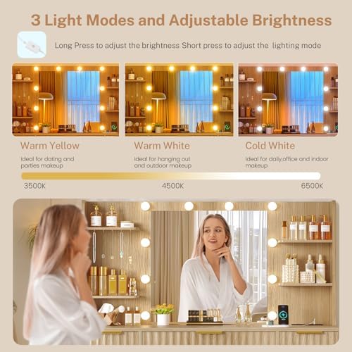 Quimoo Fluted Vanity Desk with Mirror and Adjustable LED Lights & Power Outlet, Makeup Vanity Desk with 7 Drawers,4 Shelves and 5 Hooks, Vanity for Girls, Natural Oak - Image 5