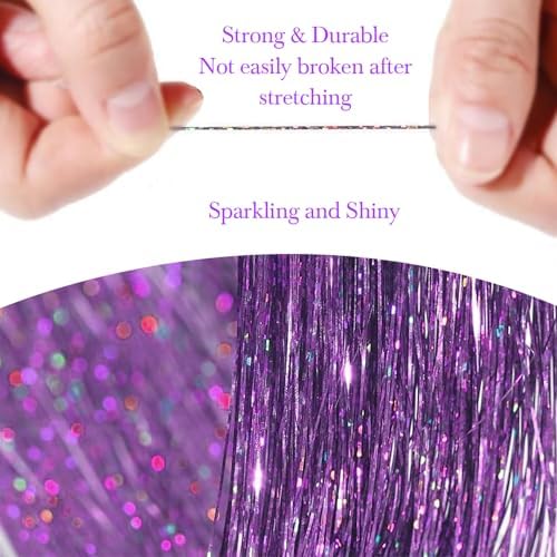 Hair Tinsel 8 Packs 1600 Strands 50 Inch Tinsel Hair Extensions Purple Heat Resistant Glitter Sparkling Shinny Fairy Hair Accessories for Women(Purple, 50Inch 8Packs) - Image 3