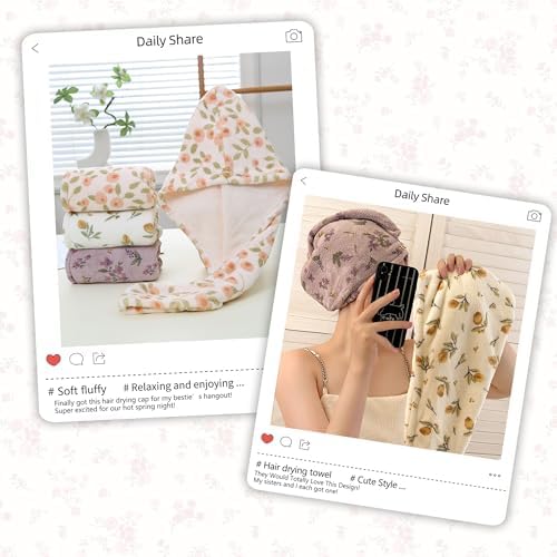 3 PCS Hair Towel Wrap Cute Pastel Floral Print Microfiber Fleece Hair Drying Towel Cap Soft Quick Dry for Women Bath Spa (Flower) - Image 3