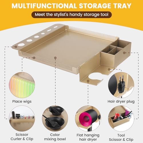 Retain Time Champagne Gold Hair Salon Cart with Wheels, Large Heavy Duty Multi-Function Salon Station Tray, Adjustable Corrosion Resistant Stylist Color Tray for Hair Styling - Image 3