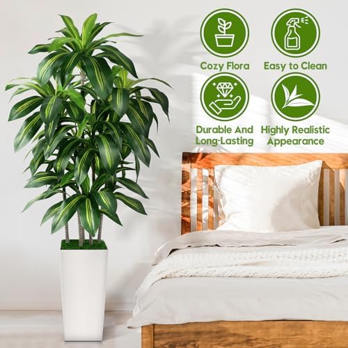 Artificial Dracaena Tree Indoor, 6FT Tall Fake Tree with White Tall Planter - Image 6