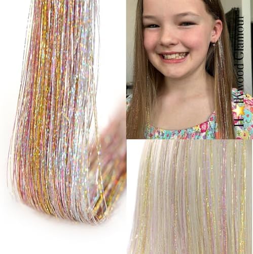 Ubeleco Hair Tinsel, Packs of 12Pcs Clip in Hair Tinsel, 20.5 Inch Fairy Hair Tinsel Kit Heat Resistant for Christmas New Year Halloween Party, Tinsel Hair Extensions for Women Girls (Gold Pink) - Image 2
