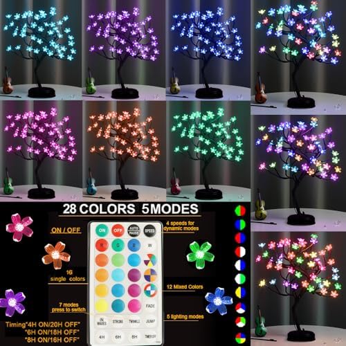Pooqla 18 Inch 48 LED RGB Cherry Blossom Tree Light with Remote 16 Color-Changing LED Artificial Flower Bonsai Tree Table Top Lamp Home Lit Tree Centerpieces Christmas Decor - Image 2
