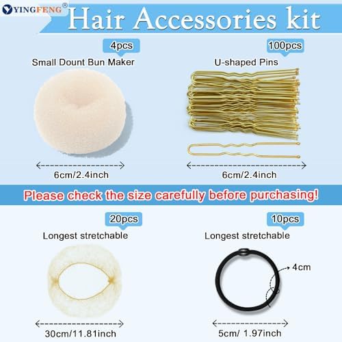 YINGFENG 134 Pcs Beige Hair Bun Maker Kit for Kids Small - 4 Hair Donuts for Buns, 20 Hair Nets for Buns, 100 U Shaped Bobby Pins, 10 Hair Bands, for Girls, Ballet Dance, Hair Accessories for Women - Image 3