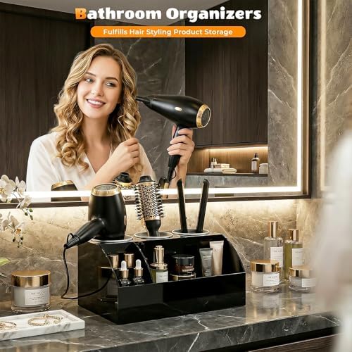 Hair Tool Organizer Countertop, Bathroom Vanity Organizers and Storage, Acrylic Hot Tools Organizer Storage for Hair Dryer, Curling Iron, Brush, Hair Straightener (Black) - Image 2