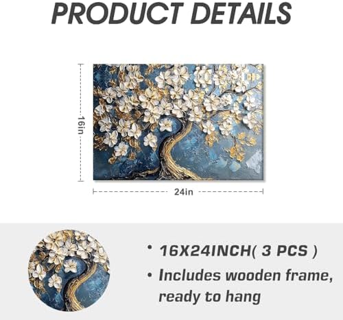 EEYNAQQ Tree of Life Canvas Wall Art, 16x24 In Blue Gold Textured Painting - Image 5