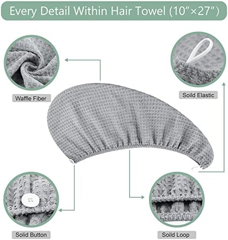Microfiber Hair Drying Towel: 2 Pcs Waffle Long Hair Turban Wraps (Gray) - Image 3