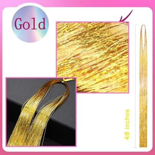 NIACONN Glitter Hair Tinsel Extensions Kit Gold with Tools and Beads, 48 Inch Sparkly Fairy Colorful Tensile Strands Shiny Hair Accessories for Women Girls Kids - Image 3