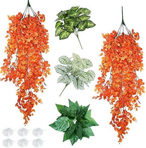 Reptile Plants for Terrarium Hanging Fake Leaves with Suction Cup by Hamiledyi