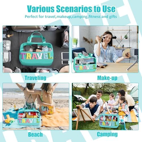 BuyCard Chenille Letter Patch Clear Travel Bags, Preppy PVC&Nylon Makeup Bag with Handle and Zipper, Waterproof Large Clear Travel Toiletry Bag Storage Bag for Women Girls(Blue-Green) - Image 5